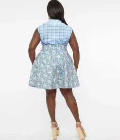Retrolicious Plus Size 1950s Blue & White Bunny Print Cotton Skater Skirt