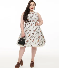Retrolicious Plus Size 1950s White & Brown Horse Print Cotton Swing Dress