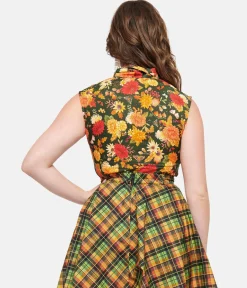 Retrolicious 1950s Dark Green Autumn Floral Cotton Bow Top
