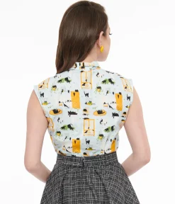 Retrolicious 1950s Light Blue Cat Print Cotton Bow Top