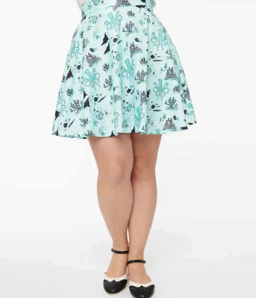 Retrolicious 1950s Teal Sea Print Cotton Skater Skirt