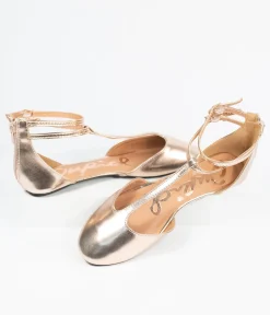 Rose Gold Patent Leatherette Bee T-Strap Flats