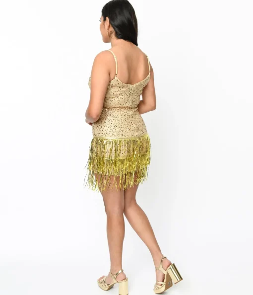 1920s Beige Sequin & Gold Tinsel Fringe Mini Dress