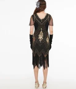 1920s Black & Gold Beaded Fringe Flapper Dress