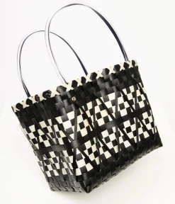 1970s Black & White Woven Chevron Basket Bag