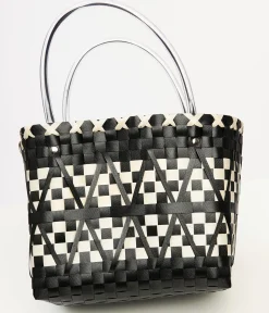 1970s Black & White Woven Chevron Basket Bag
