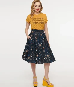 1950s Black Celestial Galaxy Print Swing Skirt