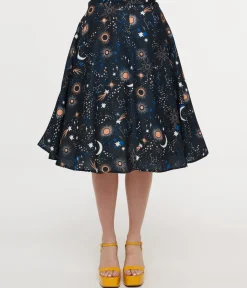 1950s Black Celestial Galaxy Print Swing Skirt