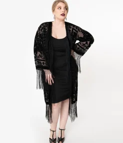 1920s Black Devore Velvet Lattice Scarf Coat