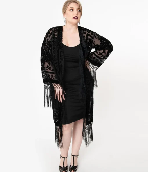 1920s Black Devore Velvet Lattice Scarf Coat