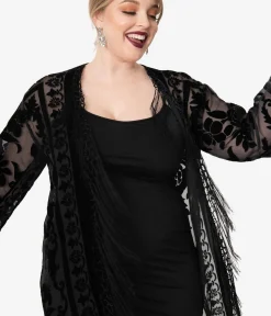 1920s Black Devore Velvet Lattice Scarf Coat