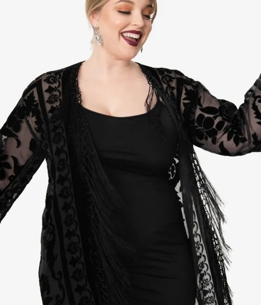 1920s Black Devore Velvet Lattice Scarf Coat