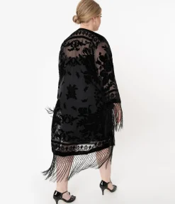 1920s Black Devore Velvet Lattice Scarf Coat