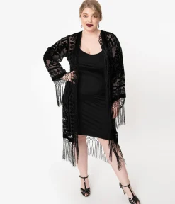 1920s Black Devore Velvet Lattice Scarf Coat