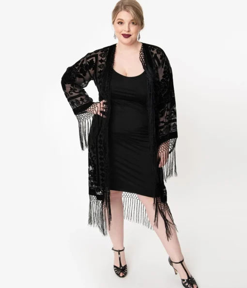 1920s Black Devore Velvet Lattice Scarf Coat
