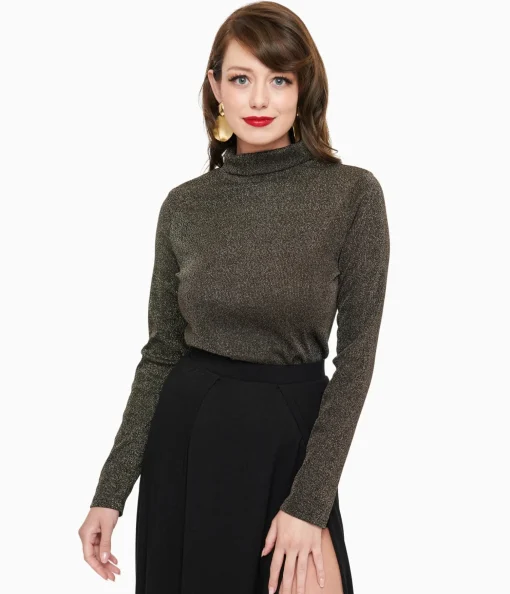 1950s Black Opal Lurex Mock Turtleneck Top