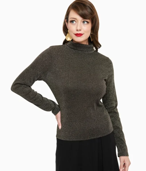 1950s Black Opal Lurex Mock Turtleneck Top