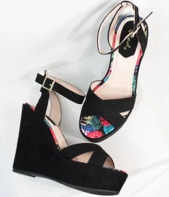 1970s Black Suede Platform Sandal Wedge
