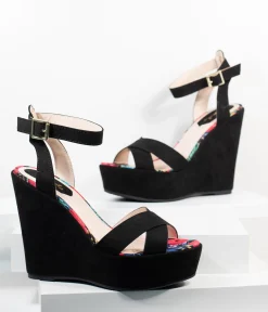 1970s Black Suede Platform Sandal Wedge