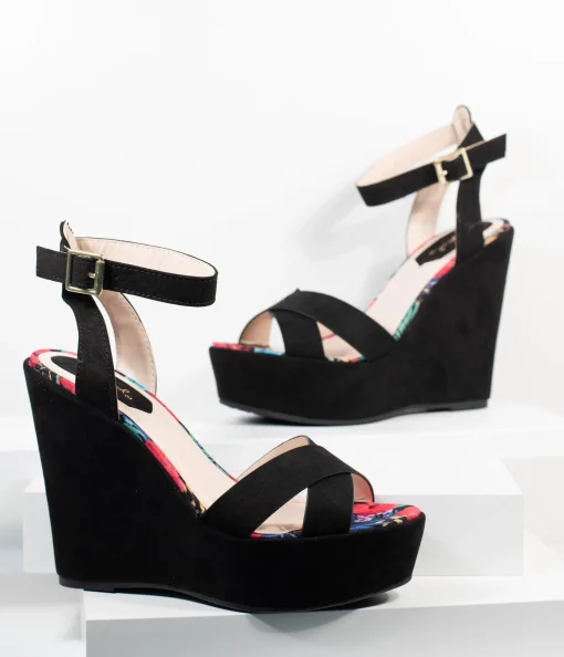 1970s Black Suede Platform Sandal Wedge