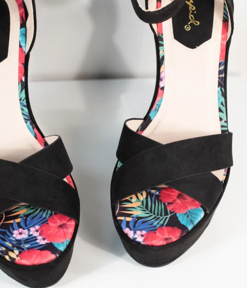 1970s Black Suede Platform Sandal Wedge