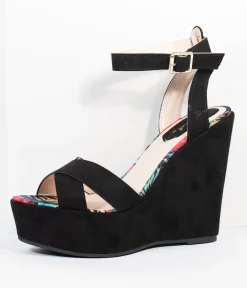 1970s Black Suede Platform Sandal Wedge