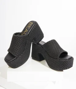 1970s Black Woven Jute Platform Mule Sandals