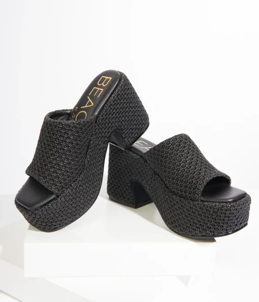 1970s Black Woven Jute Platform Mule Sandals