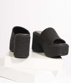 1970s Black Woven Jute Platform Mule Sandals