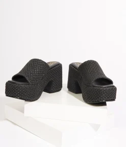 1970s Black Woven Jute Platform Mule Sandals