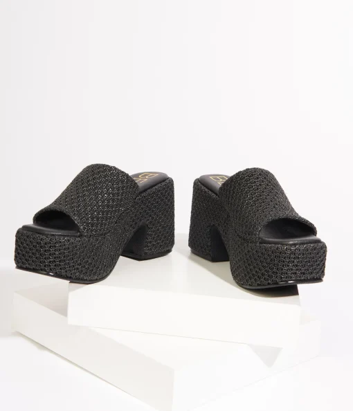 1970s Black Woven Jute Platform Mule Sandals