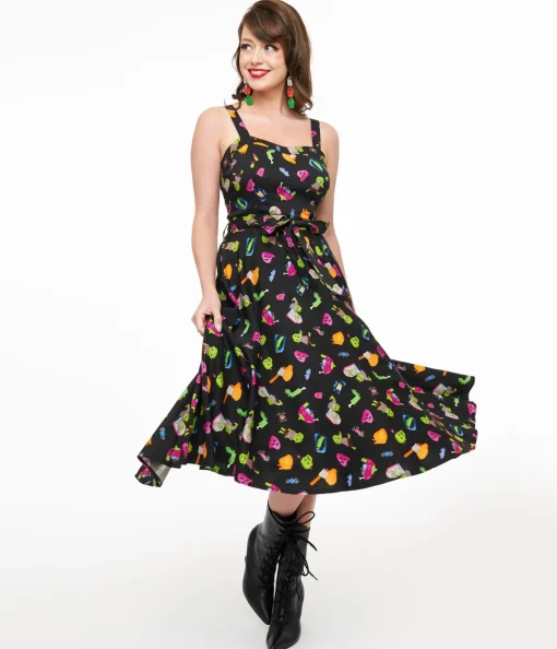 1950s Black Zombie Print Lori Swing Dress