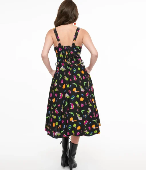 1950s Black Zombie Print Lori Swing Dress