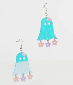 1960s Blue Groovy Ghost Flower Power Earrings