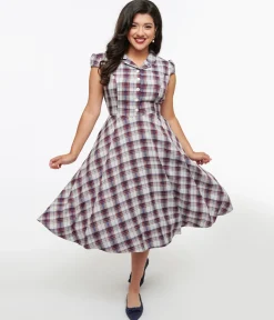 1950s Brown & Blue Plaid Swing Dress
