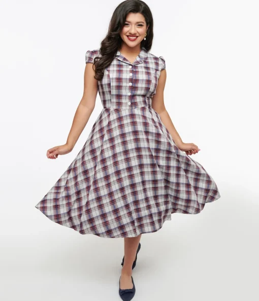 1950s Brown & Blue Plaid Swing Dress