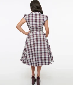 1950s Brown & Blue Plaid Swing Dress