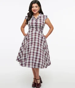 1950s Brown & Blue Plaid Swing Dress