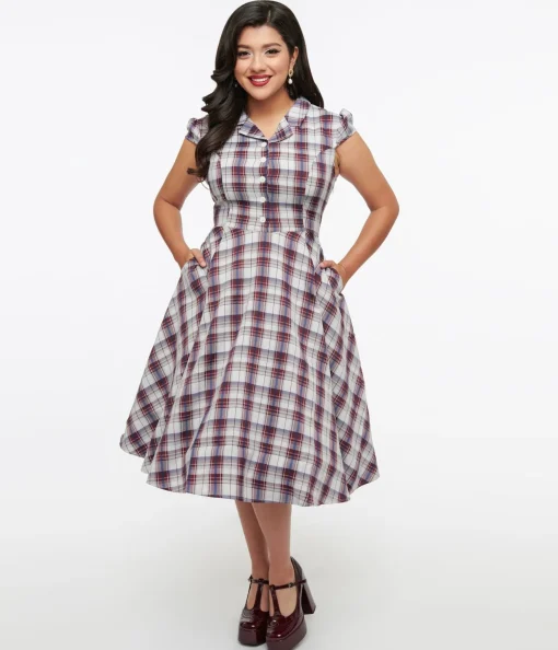 1950s Brown & Blue Plaid Swing Dress