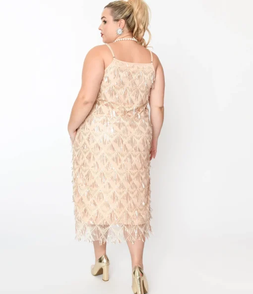 1920s Champagne Sequin Fringe Midi Dress