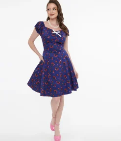 1950s Collectif Blue & Mixed Berries Print Dolores Mini Dress