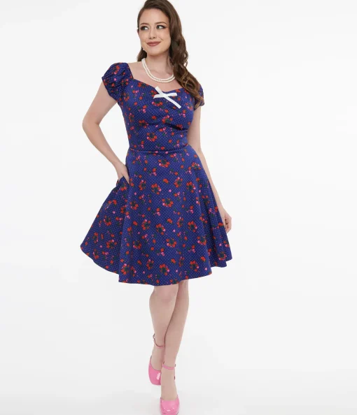 1950s Collectif Blue & Mixed Berries Print Dolores Mini Dress