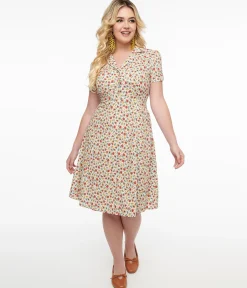 1950s Cream & Multicolor Floral Fit & Flare Dress