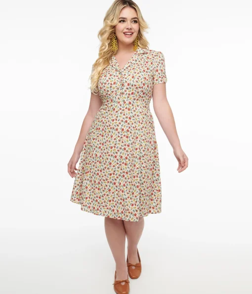 1950s Cream & Multicolor Floral Fit & Flare Dress
