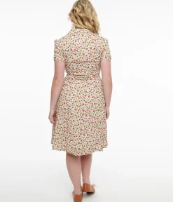1950s Cream & Multicolor Floral Fit & Flare Dress
