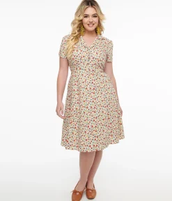1950s Cream & Multicolor Floral Fit & Flare Dress