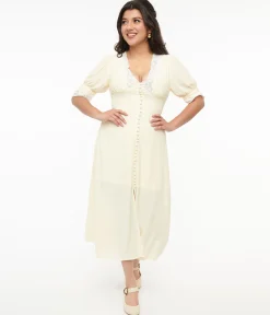 1930s Cream & White Lace Midi Dress