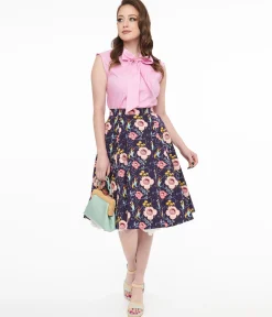 1950s Dark Blue Carnivorous Plants Print Flare Skirt