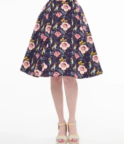 1950s Dark Blue Carnivorous Plants Print Flare Skirt