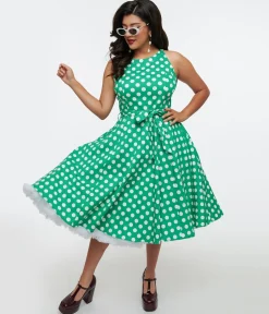 1950s Green & White Polka Dot Tie Swing Dress